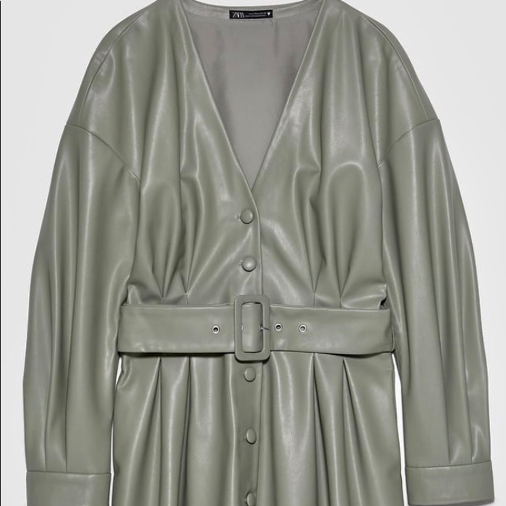 Zara Pale Green Faux Leather Mini Dress SZ L